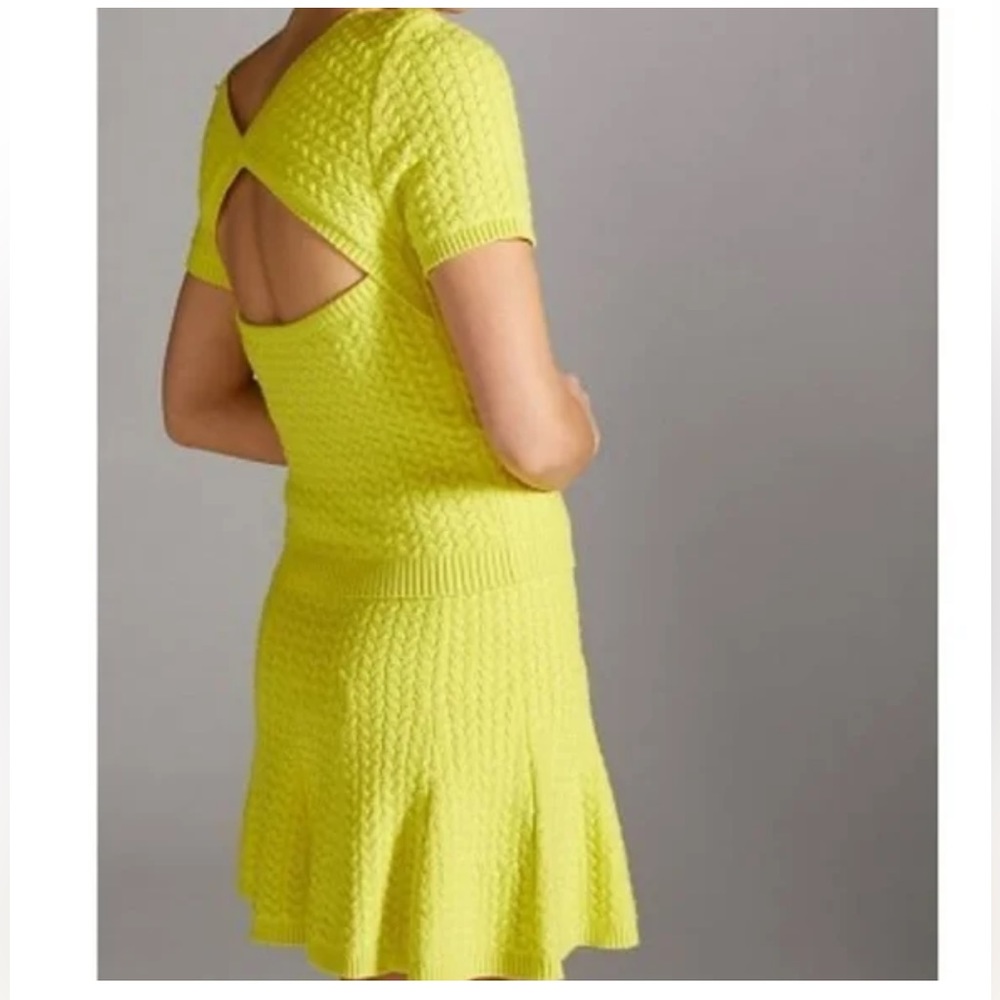 Maeve Anthropologie Yellow Knit Sweater Set Short Sleeve Top and Mini Skirt